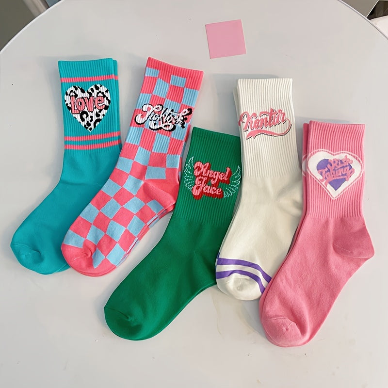 5 Pairs Letter Print Mid Tube Socks Women's Stockings