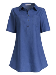 Short Sleeves Denim Top Button Front Lapel Casual Denim Shirt