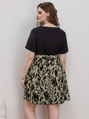  Colorblock Leopard Print Round Neck Casual Dress With Belt