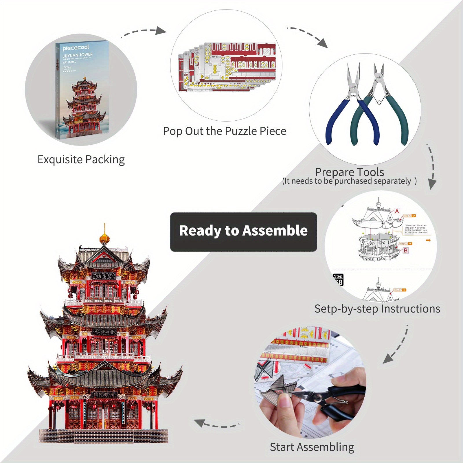 Piececool Juyuan Tower 3D Metal Puzzle 303 Pcs