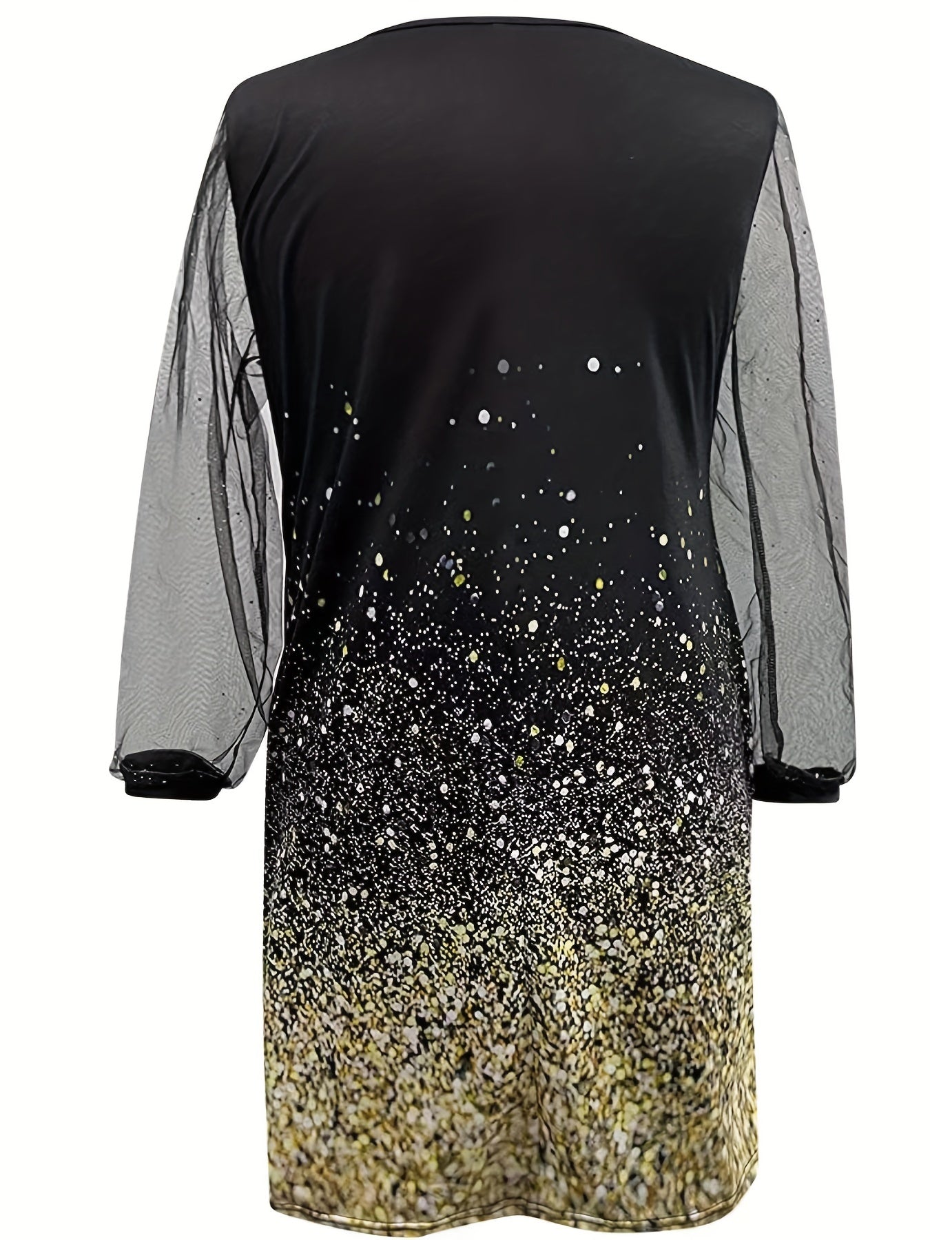  Contrast Mesh Sequin Long Sleeve V-Neck Dress