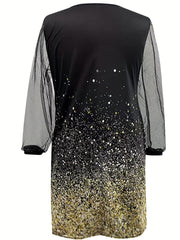 Contrast Mesh Sequin Long Sleeve V-Neck Dress