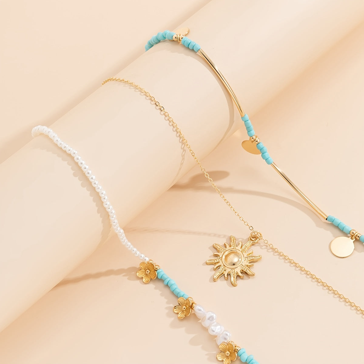 Boho Sun Flower Beaded 3pcs Necklace Set Vintage Fine Jewelry