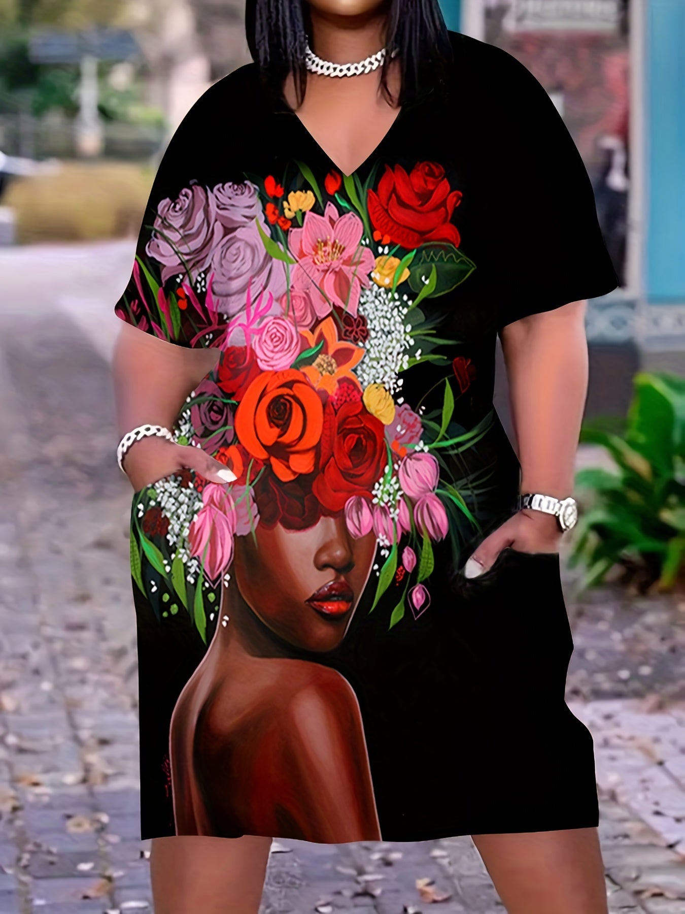  Casual Dress Women's Figure & Floral Print V Neck Dress
