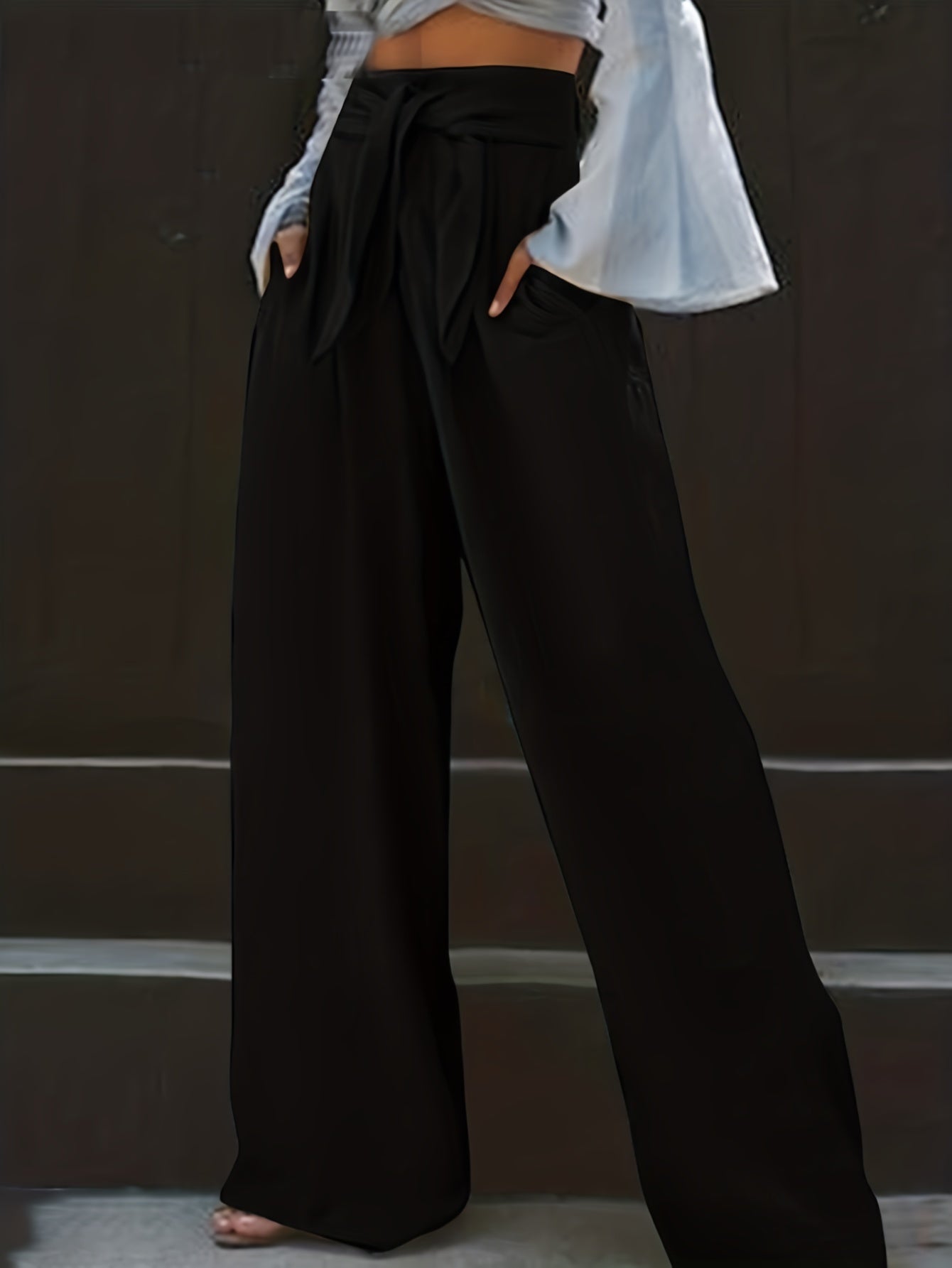 Women's Plus Elastic High Rise Wide Leg Trousers With Pockets
