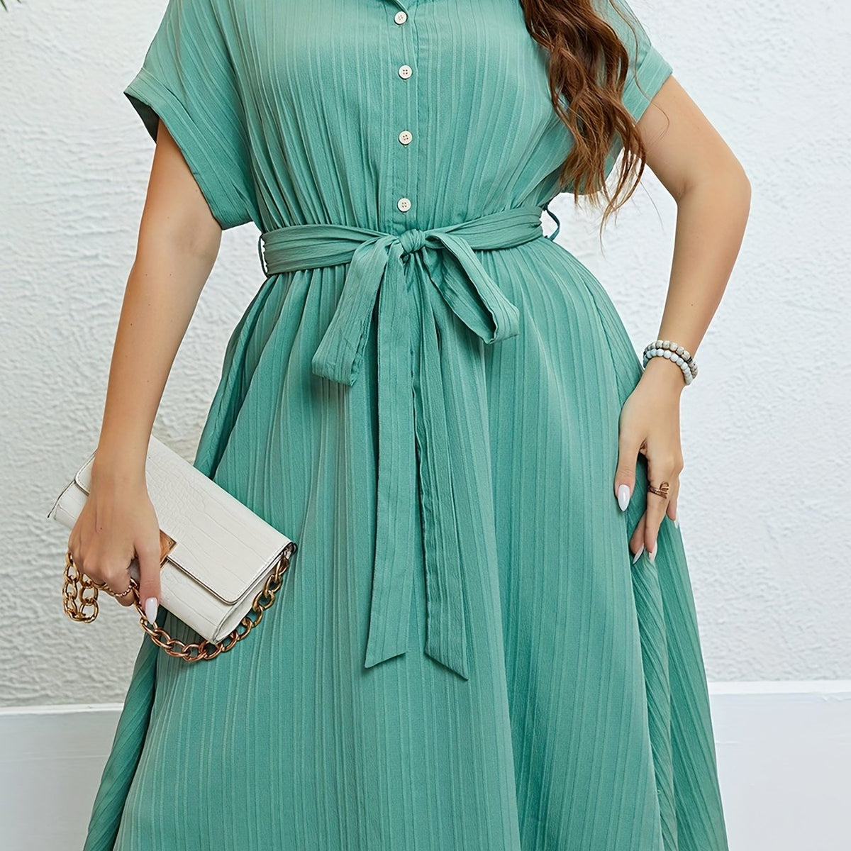  Ribbed Button Up Bat Sleeve Shirt Dress