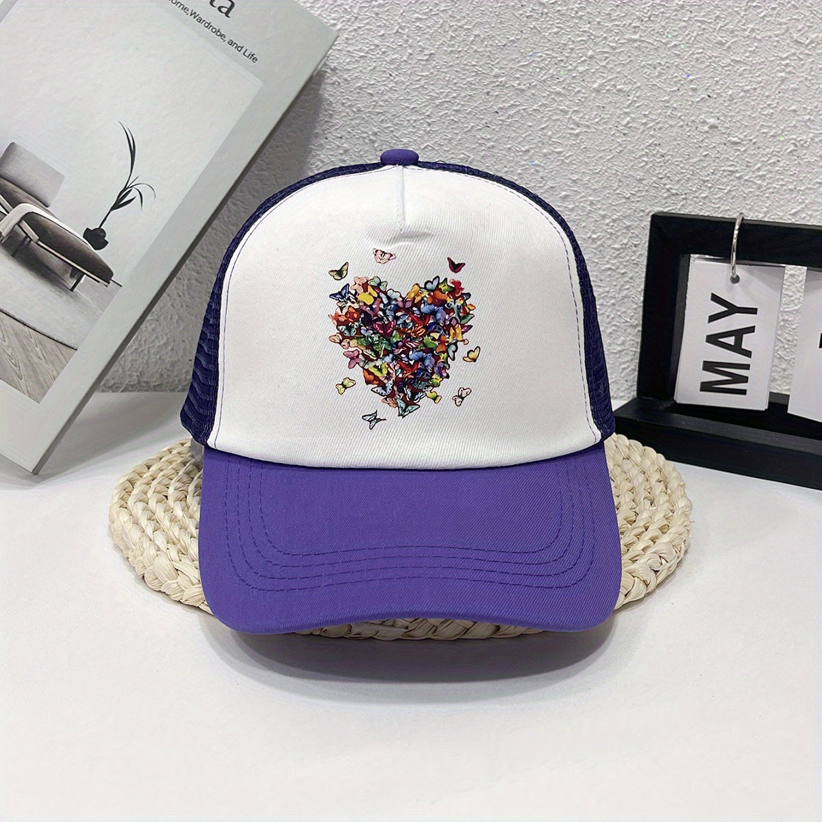 Butterfly Heart Print Trucker Hat Mesh Cartoon Baseball Cap