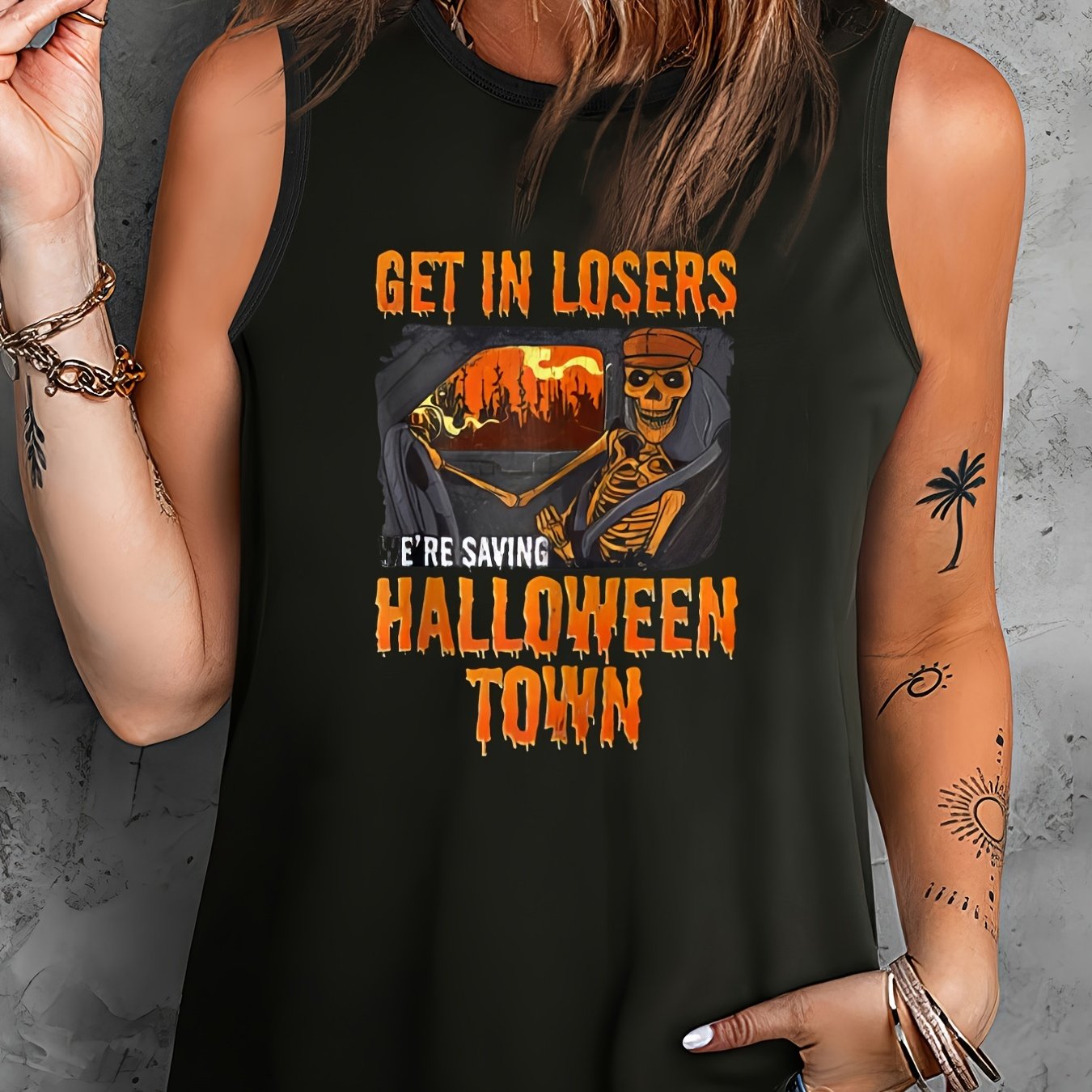  Women's Slogan Print Tank Top Round Neck Stretchy