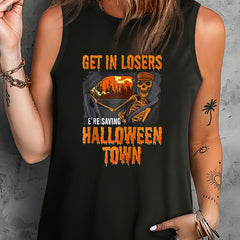  Women's Slogan Print Tank Top Round Neck Stretchy