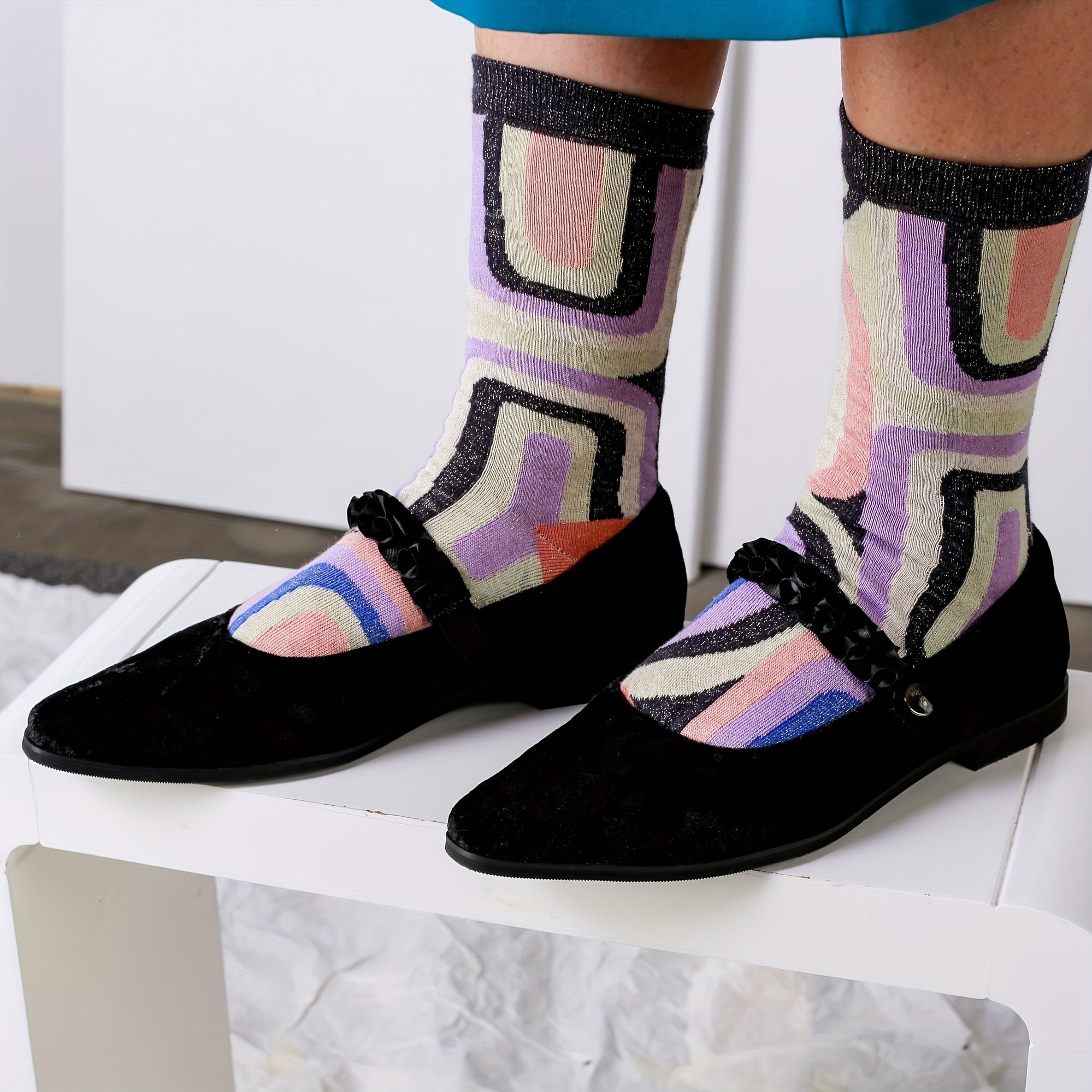 3 Pairs Geometric Pattern Crew Socks Colorblock Mid Tube Women's Stockings