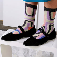 3 Pairs Geometric Pattern Crew Socks Colorblock Mid Tube Women's Stockings
