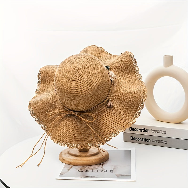 Wide Brim Sun Hat Flower Decor Foldable Travel Beach Hats UV Protection