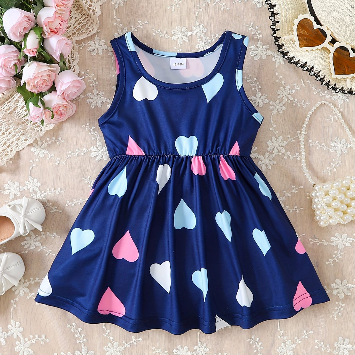 Heart Love Sleeveless Pleated Dress Baby Girls Casual Dress