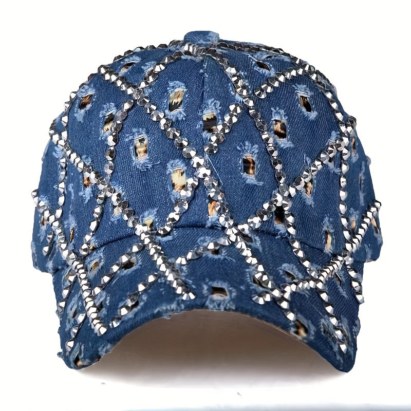 Leopard Rhinestone Denim Baseball Cap with Artificial Diamonds