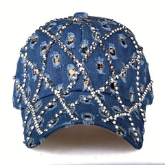 Leopard Rhinestone Denim Baseball Cap with Artificial Diamonds