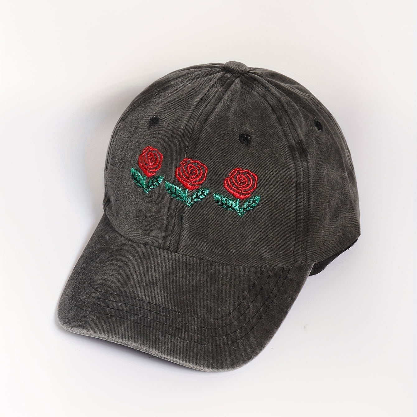 Three Roses Embroidery Baseball Cap Washed Distressed Gray