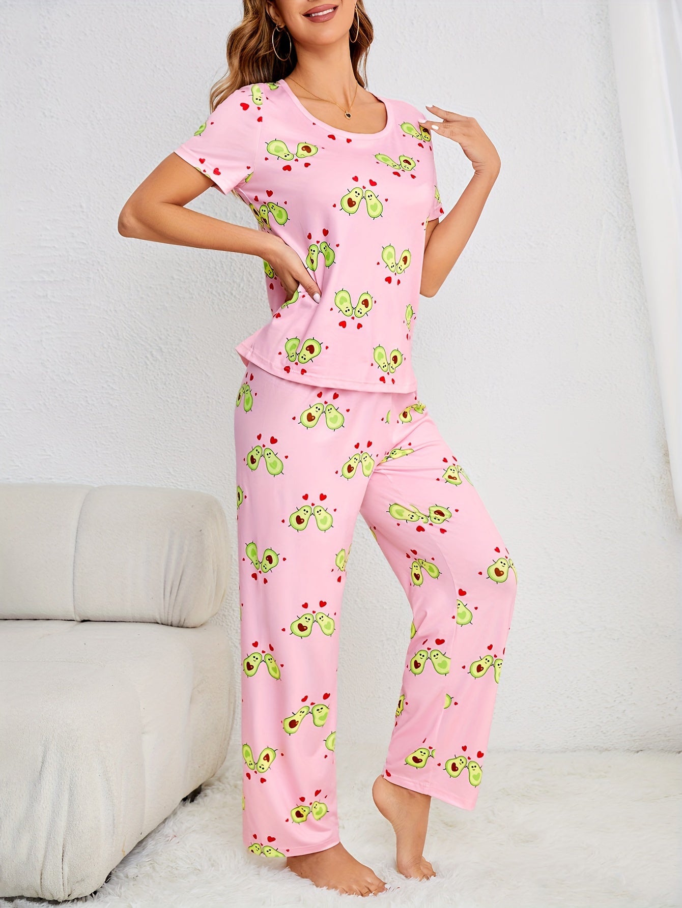 Avocado Print Pajama Set Short Sleeve Top & Pants Women's Sleepwear