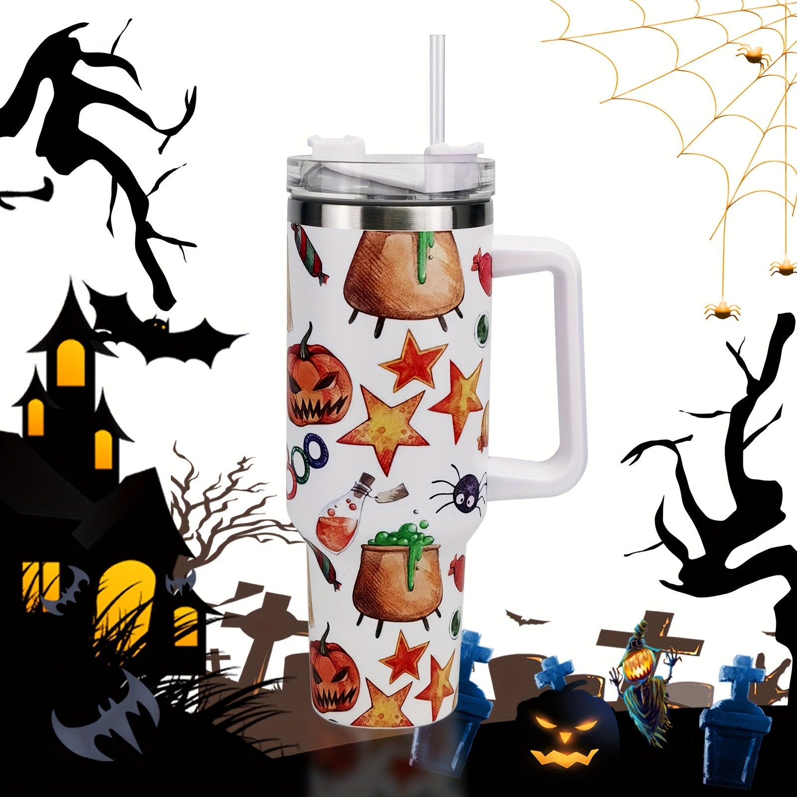 Halloween Pumpkin Print Tumbler 40oz Car Cup with Straw & Handle
