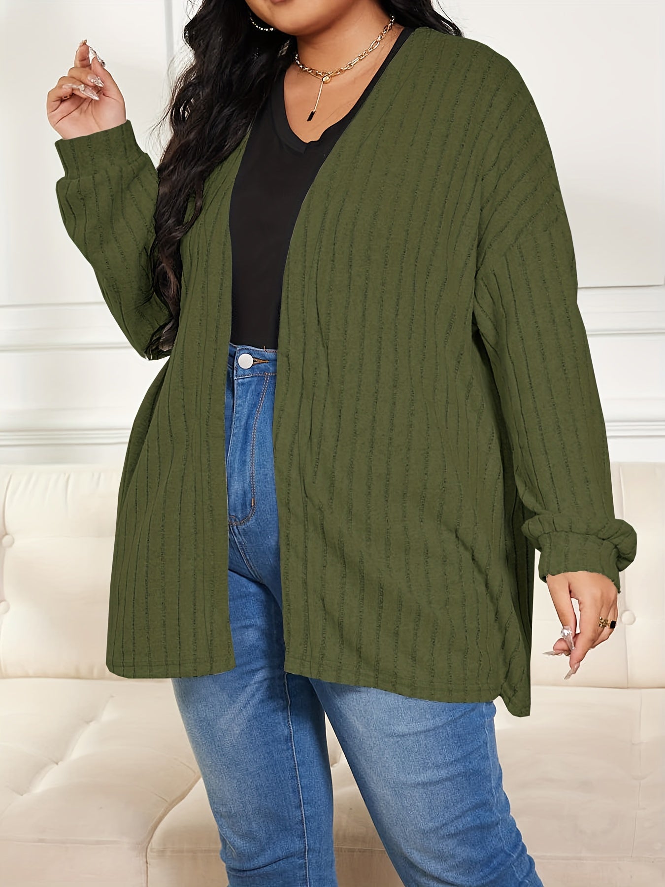  Solid Ribbed Long Sleeve Open Front Cardigan