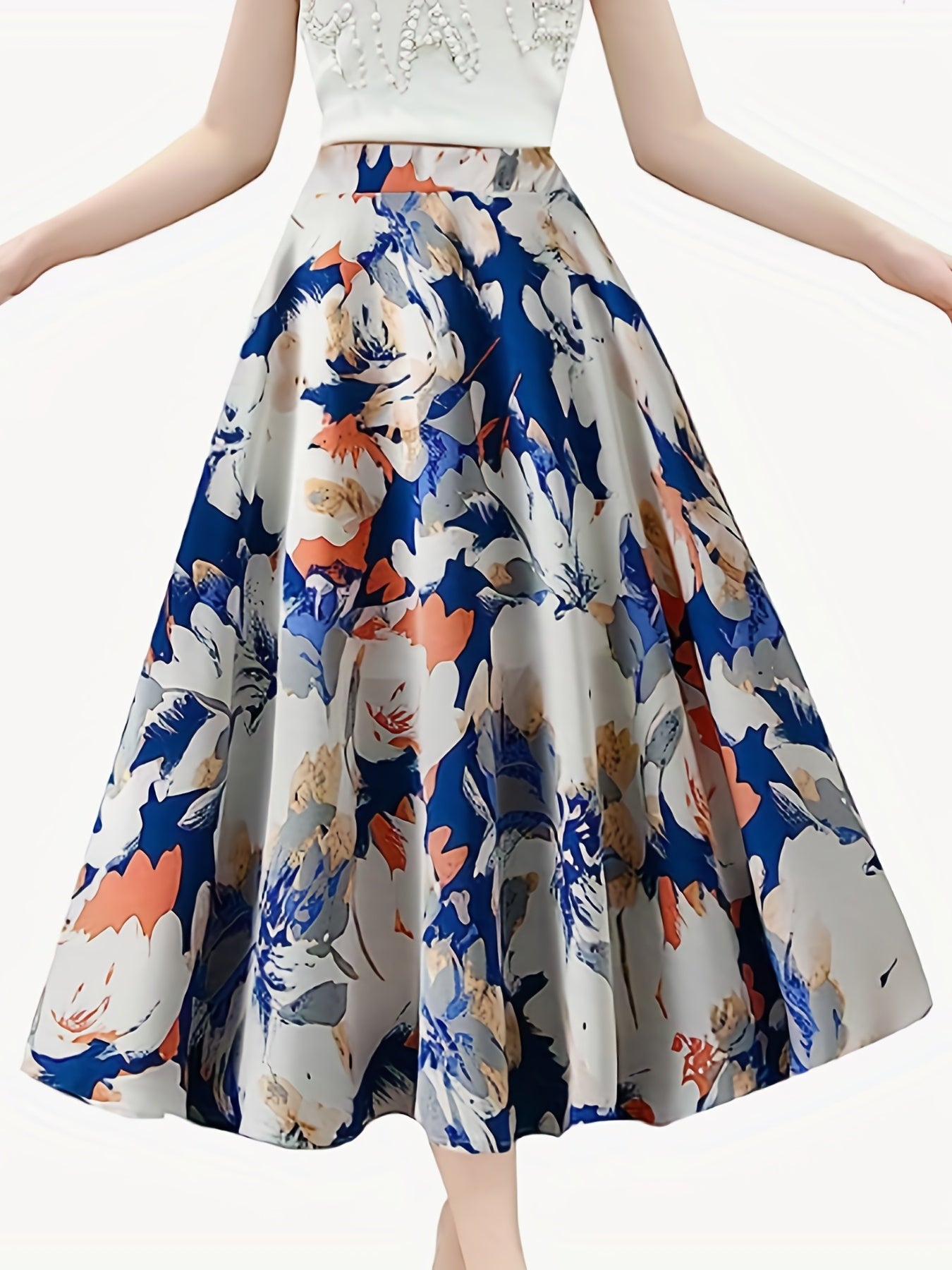  Floral Print High Rise Swing A line Maxi Skirt
