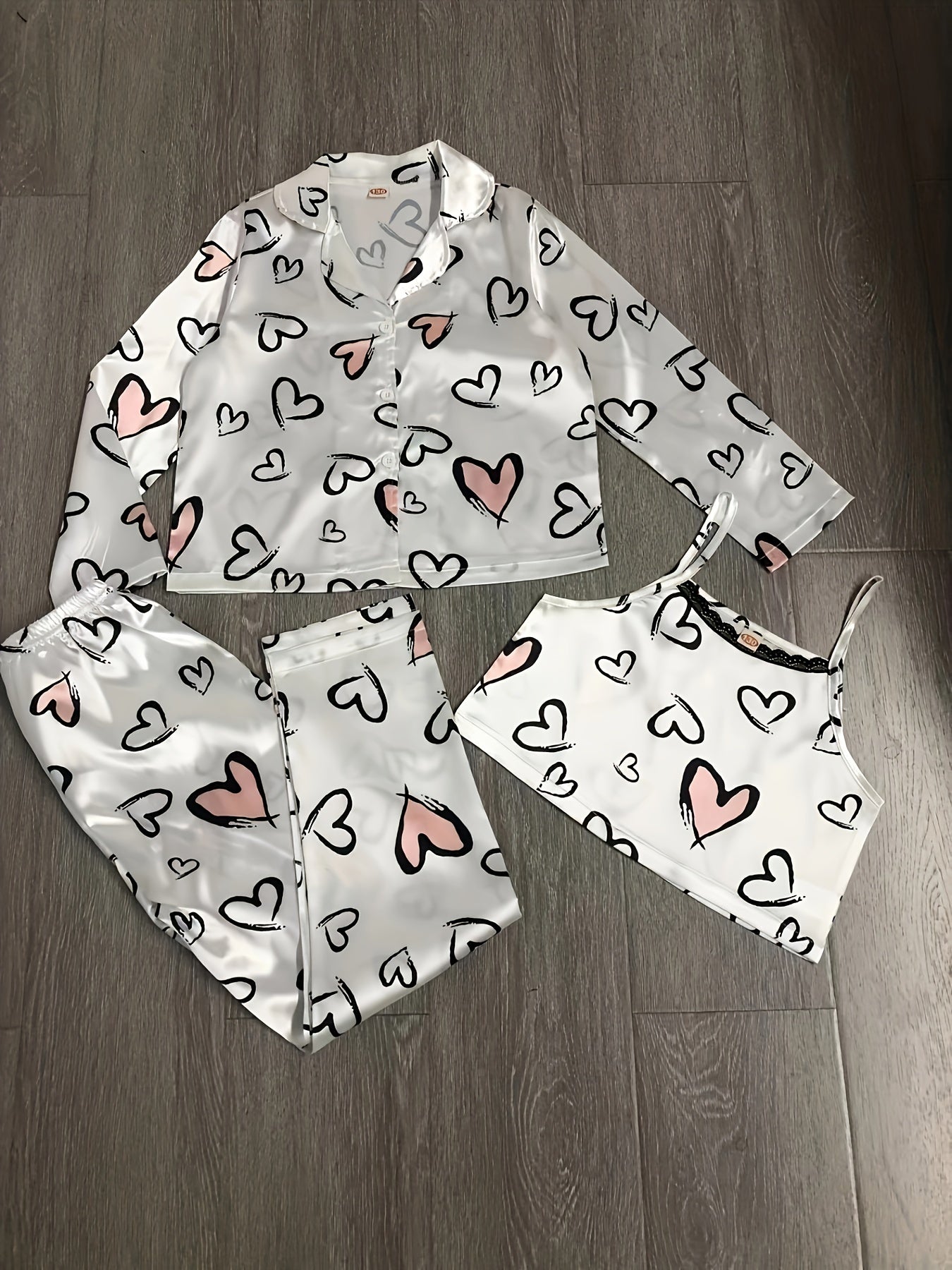 Girl's 3pcs Heart Print Pajama Set Long Sleeve Top Camisole Pants