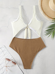  Textured Cut Out Knot Front One Piece Swimsuit