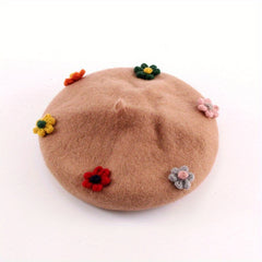 Women's Flower Decor Beret Solid Warm Painter Hats
