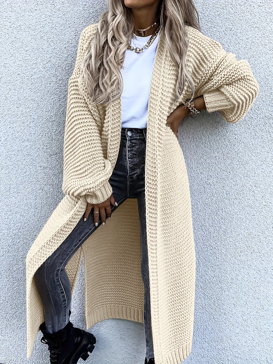  Solid Textured Lantern Sleeve Longline Cardigan