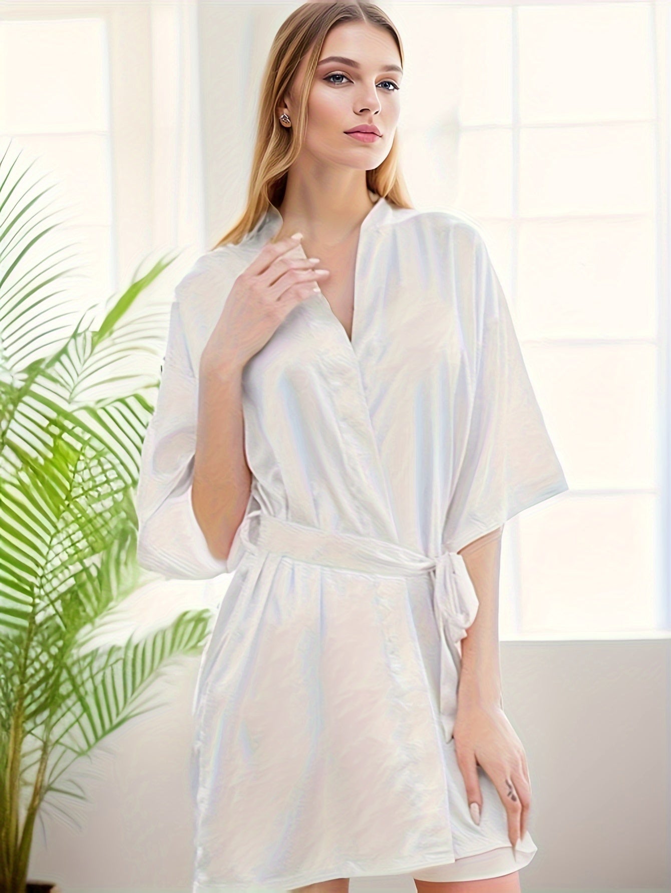 Solid Night Robe Half Sleeve V Neck Robe With Belt Women's Sleepwear