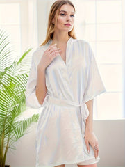 Solid Night Robe Half Sleeve V Neck Robe With Belt Women's Sleepwear