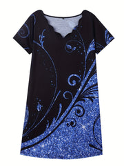 Plus Glitter Baroque Print V Neck Scallop Trim Dress