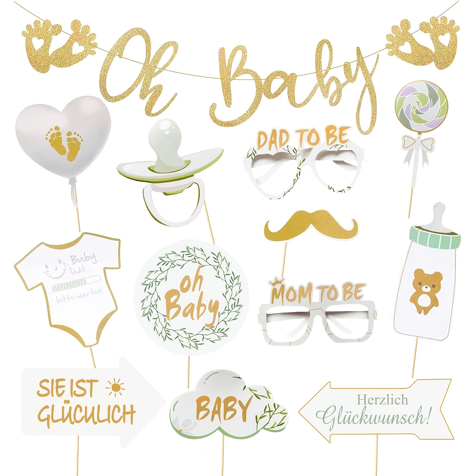 Golden Glitter Baby Shower Photobooth Prop Set