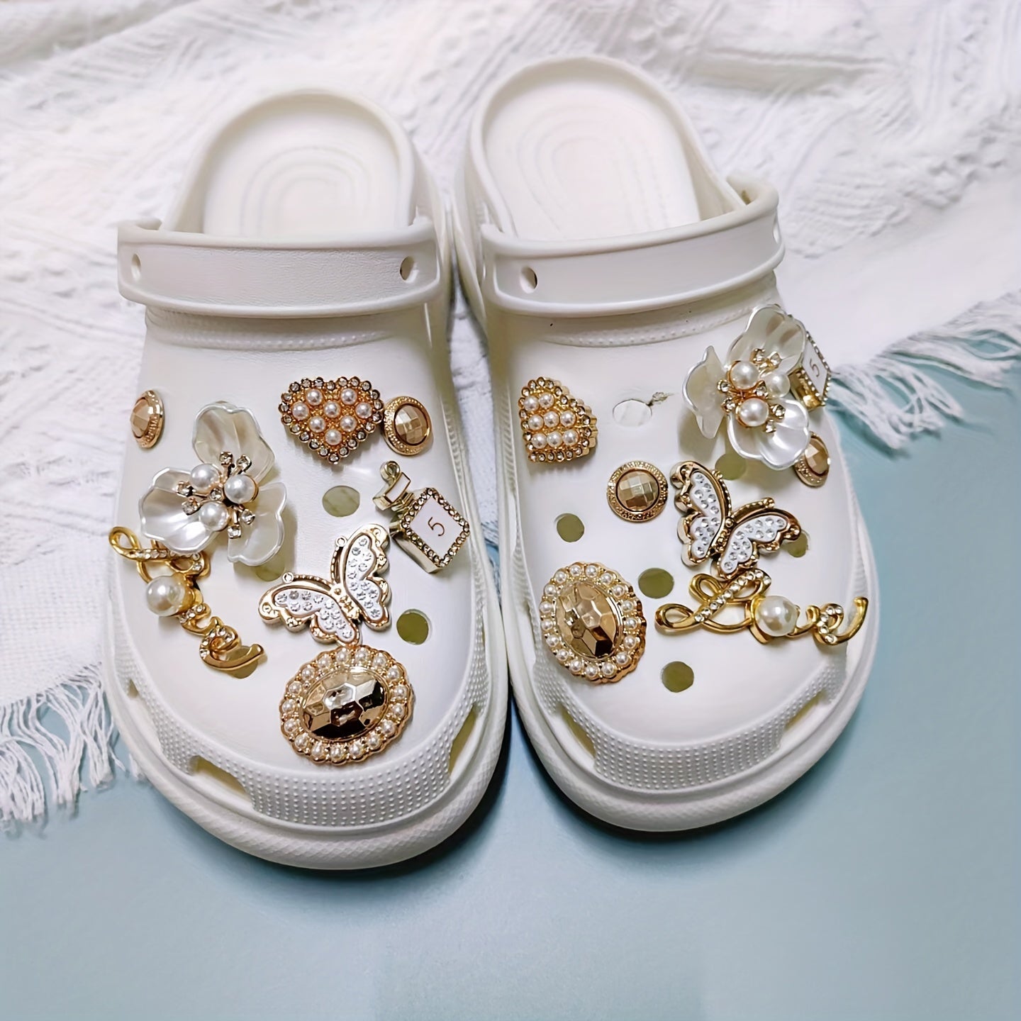 Stylish Shoe Accessories Clover Flower Rhinestone Pearl Chain Party Set