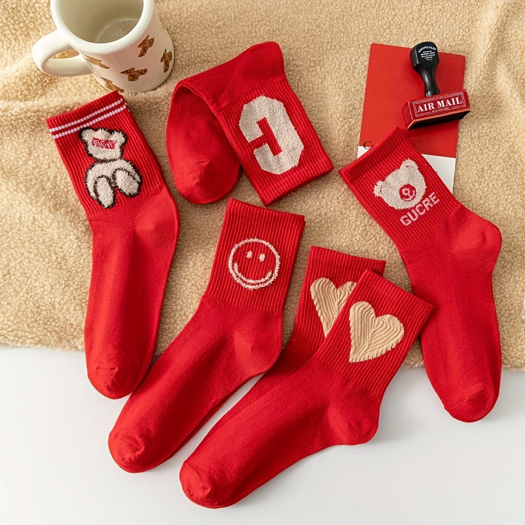 5 Pairs Letter & Heart Print Socks Mid Tube Stockings Women