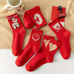 5 Pairs Letter & Heart Print Socks Mid Tube Stockings Women