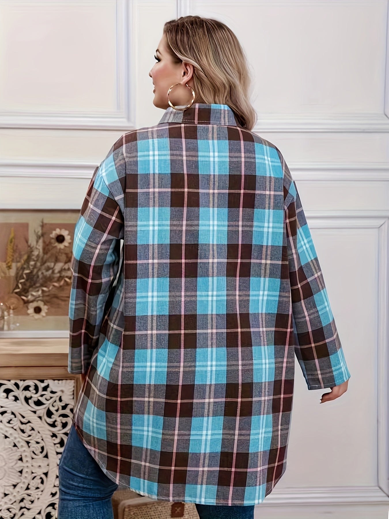 Women's Plus Plaid Button Up Blouse Roll Up Sleeve