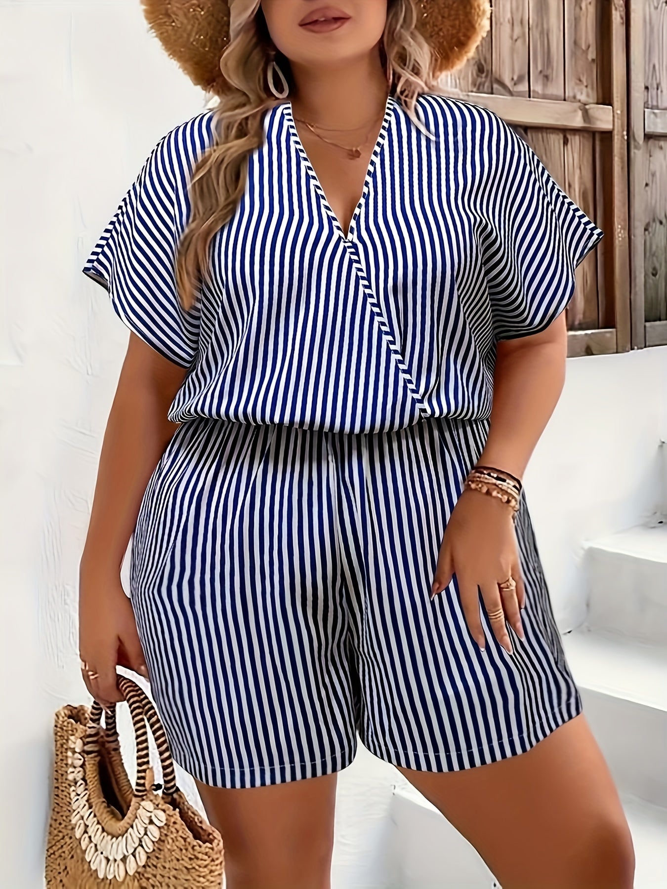  Stripe Print Batwing Sleeve Surplice Neck Romper