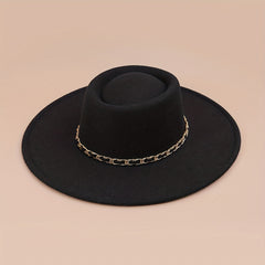 Classic Chain Decor Felt Hat Flat Brim Top Hats Solid Trilby Hat