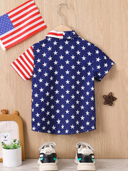 Boys Stars & Stripes Print Shirt Short Sleeve Collared Tops For Kids Summer