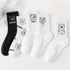 5 Pairs Cartoon Bear Print Comfy Socks Women's Stockings & Hosiery
