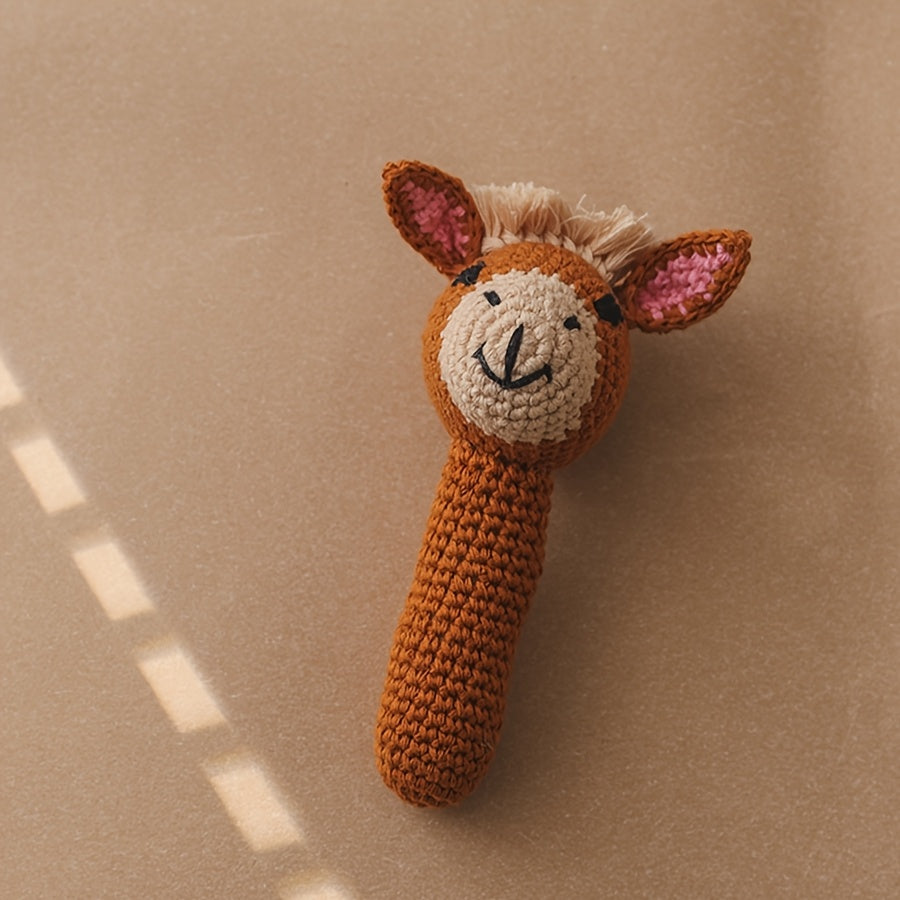 Crocheted Giraffe Rattle Toy Soft Brown & Pink Ears for Newborns