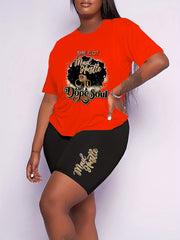  Slogan & Figure Print Short Sleeve Top & Shorts Set