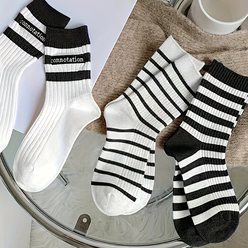 6 Pairs Striped Print Mid Tube Socks Women's Stockings