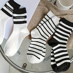 6 Pairs Striped Print Mid Tube Socks Women's Stockings
