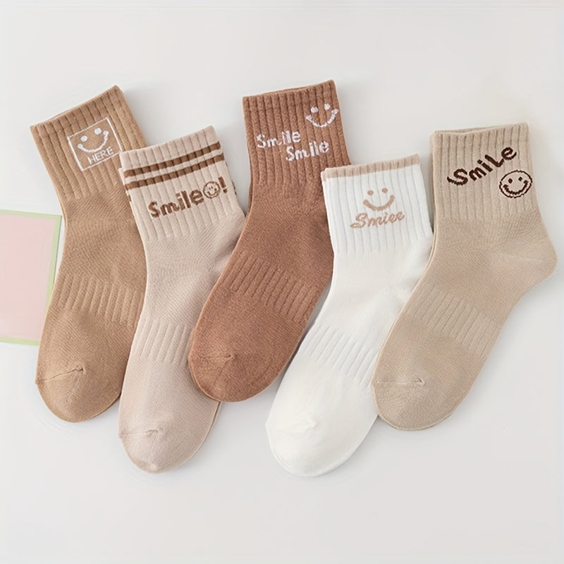 5 Pairs Smiling Print Socks Women's Crew Stockings