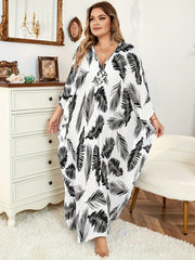  Tropical Print Batwing Sleeve V Neck Maxi Split Beach Kaftan Dress