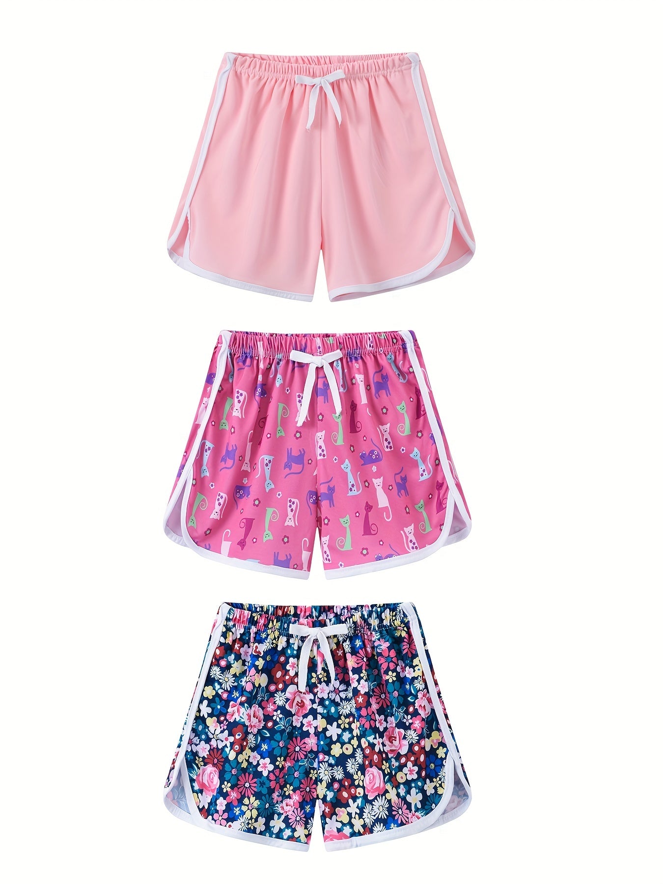 3pcs Girls Cat Floral Print Casual Quick Drying Shorts