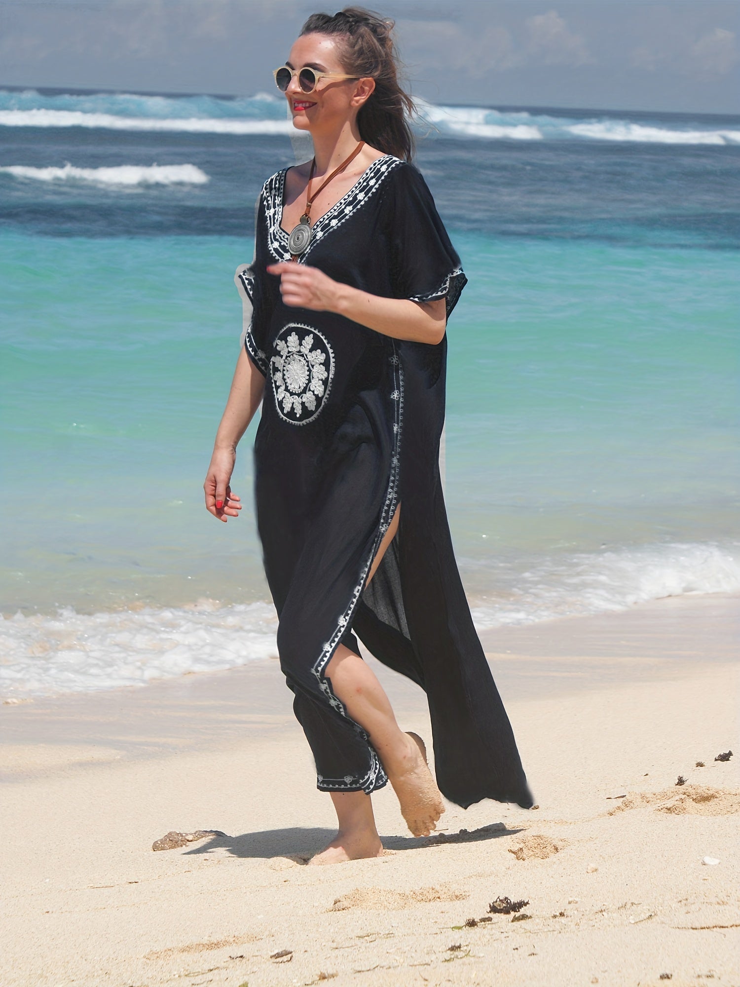 Boho Kaftan Dress Plus Size Floral Embroidered Batwing Sleeve V Neck