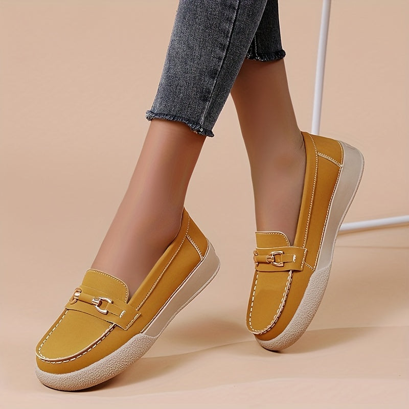 Women's Comfy Flat Loafers with Metallic Buckle Decor