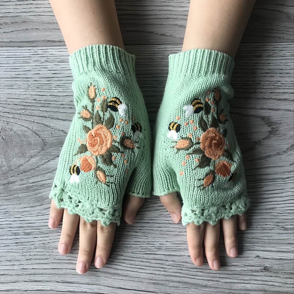 Women's Flower Knit Fingerless Gloves